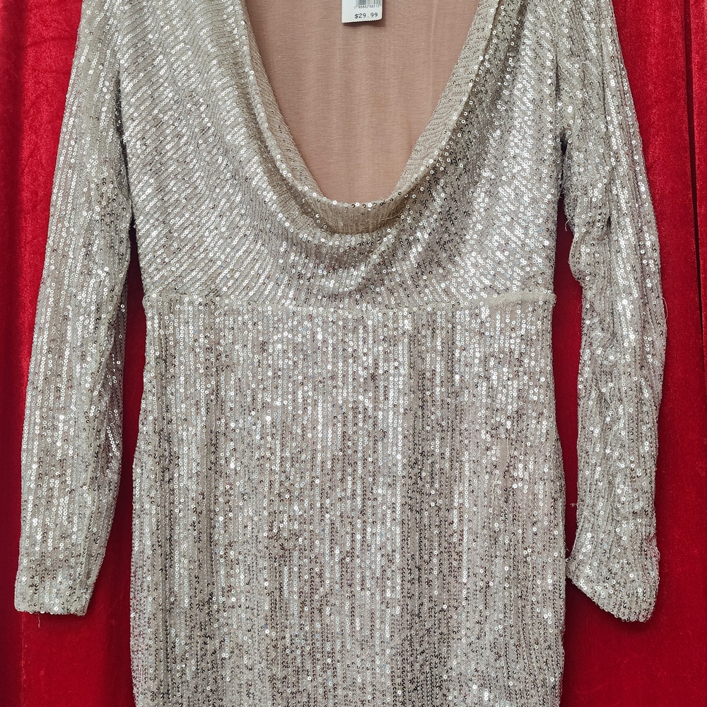 Silver Sequin Long Sleeve Dress